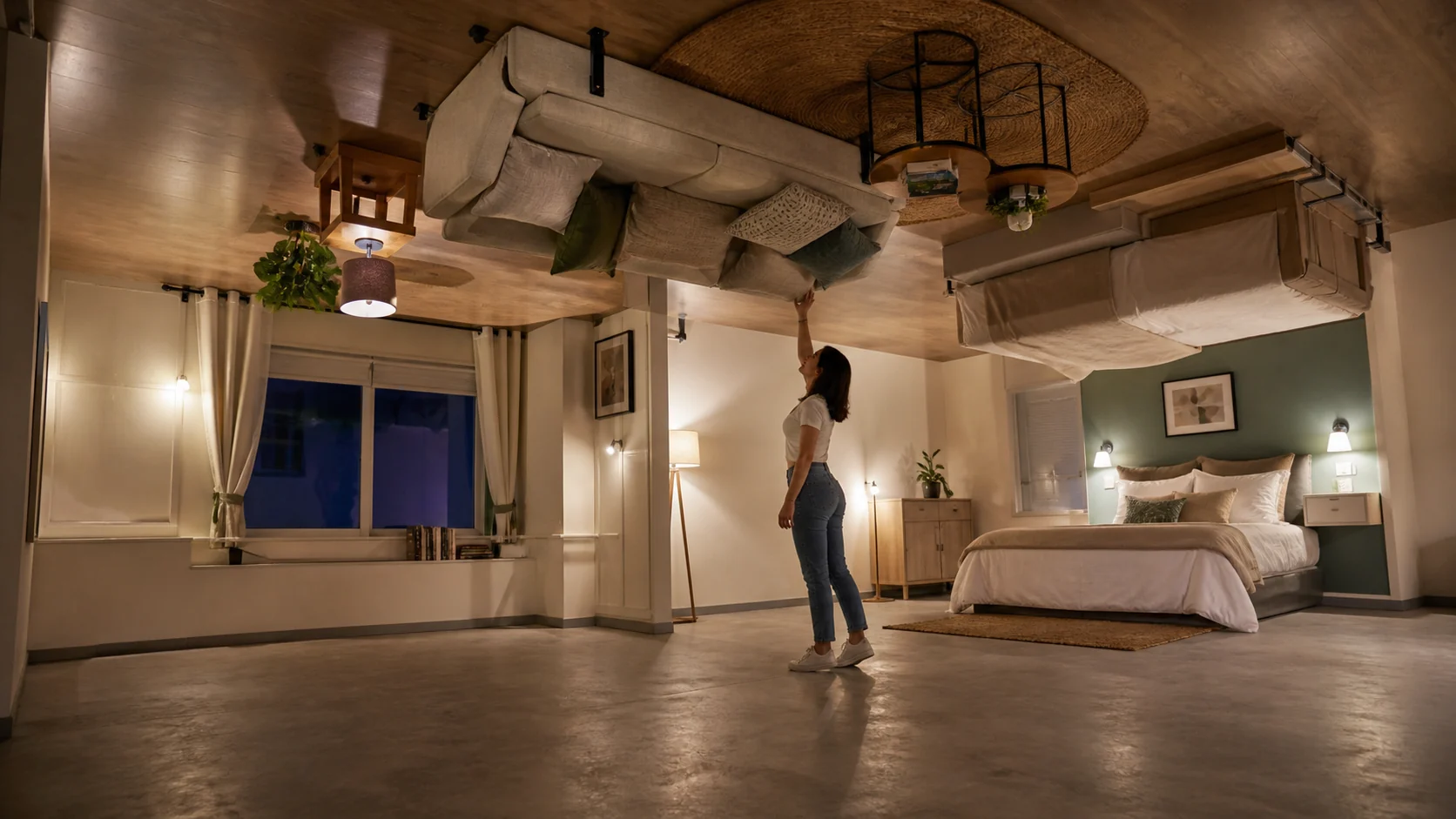 Living și dormitor complet inversate, cu mobilier montat în siguranță pe tavan