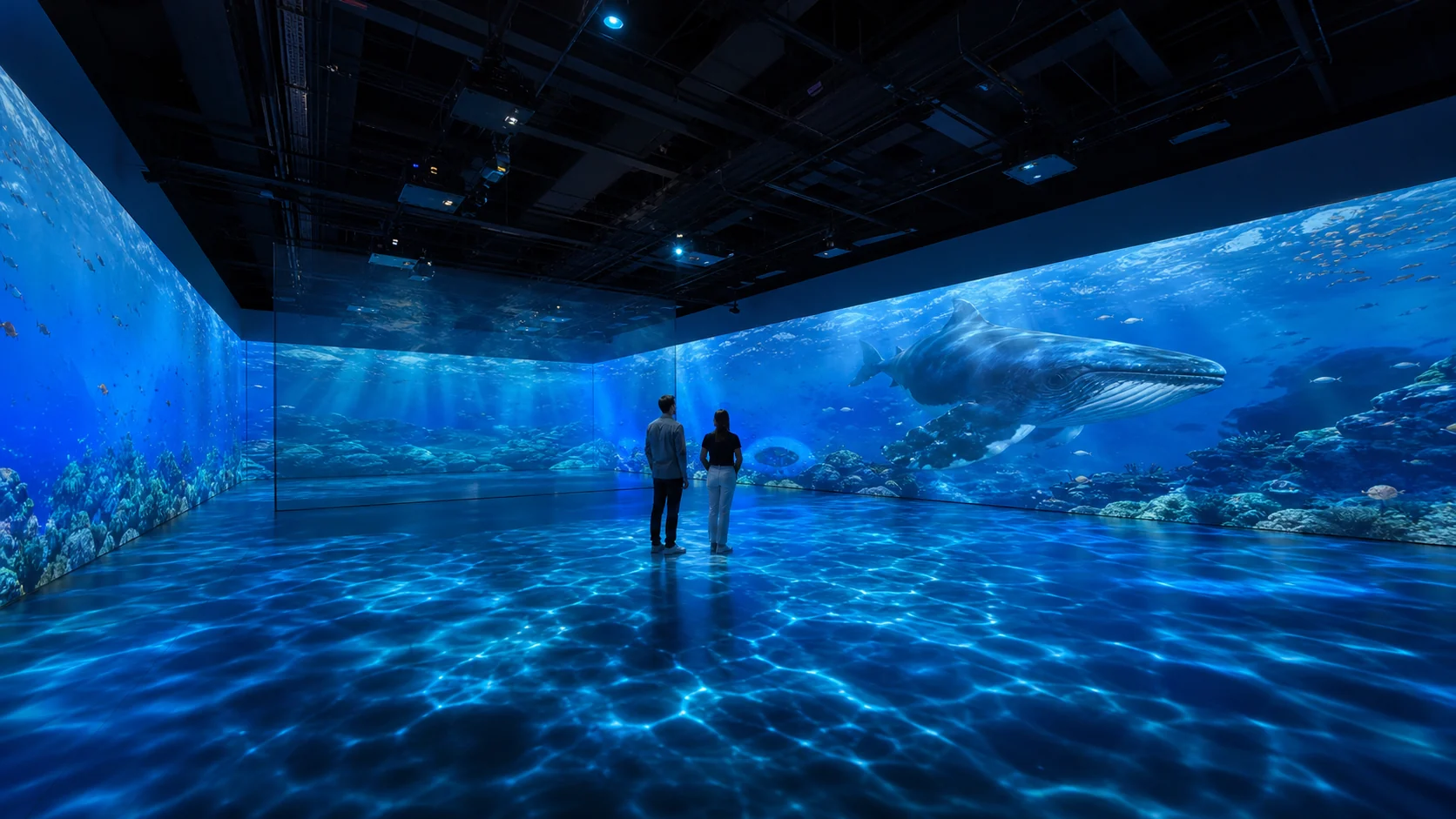 Sală de projection mapping cu temă Deep Sea și o balenă proiectată pe pereți